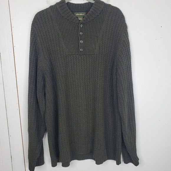 Eddie Bauer Sweater Pullover Thick Cableknit Fisherman Mock Collar Mens L Tall - Picture 1 of 9